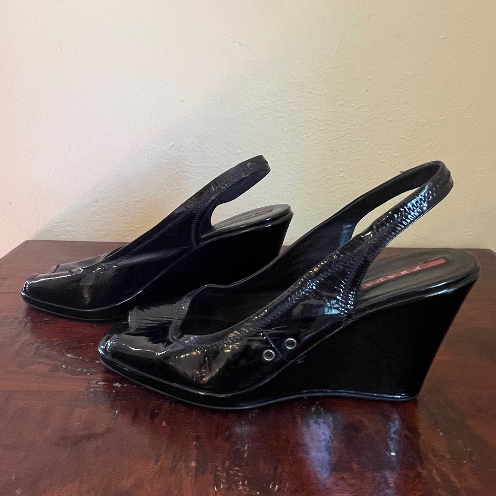 Vintage Prada Black Patent Leather Peep-Toe Wedges, Size 39.5 - Early 2000s
